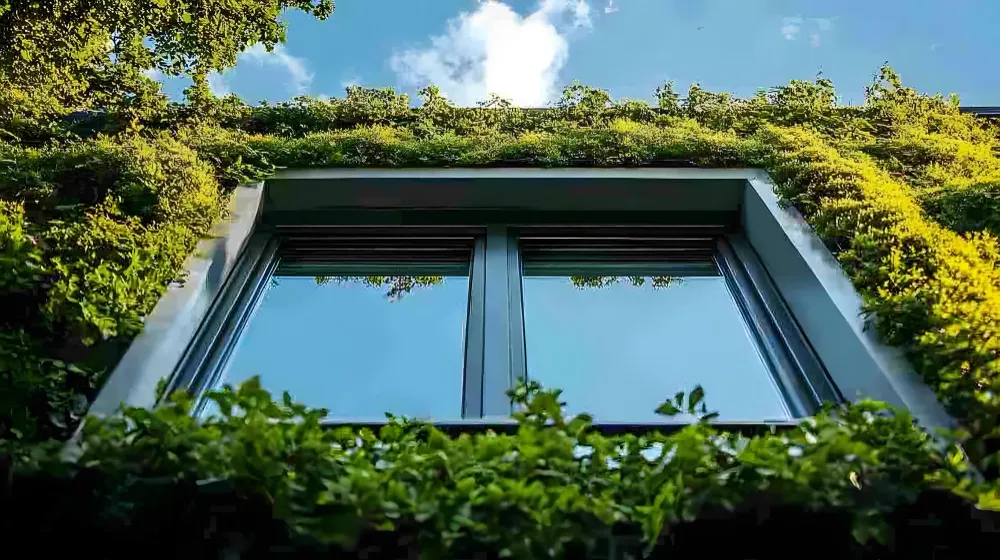 Grande fenêtre intégrée à une façade entourée de végétation.