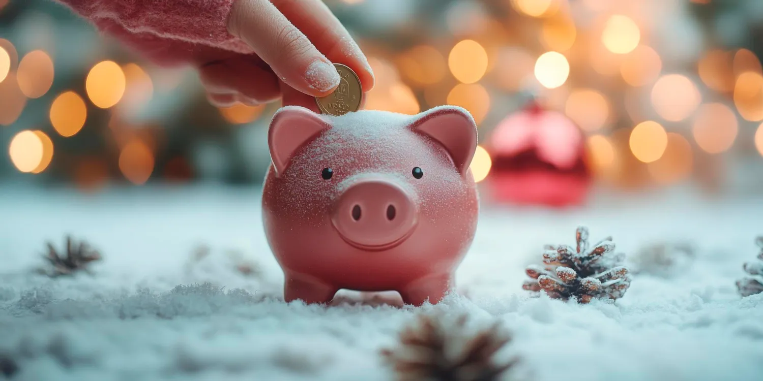 Main déposant une pièce dans une tirelire rose sur un fond hivernal.