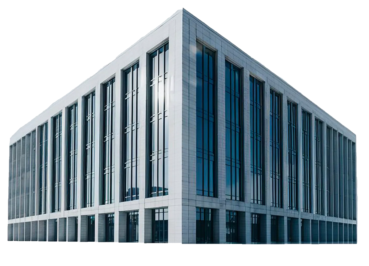 Illustration d’un bâtiment commercial avec une façade de fenêtres verticales.