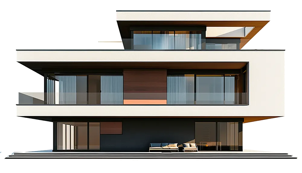Illustration d’une maison contemporaine avec de grandes fenêtres et des portes vitrées.