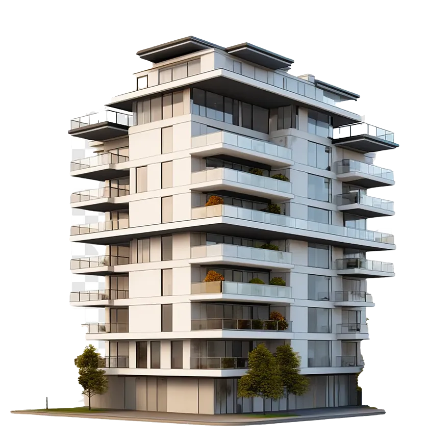 Illustration d’un immeuble multilogements avec balcons et grandes ouvertures vitrées.