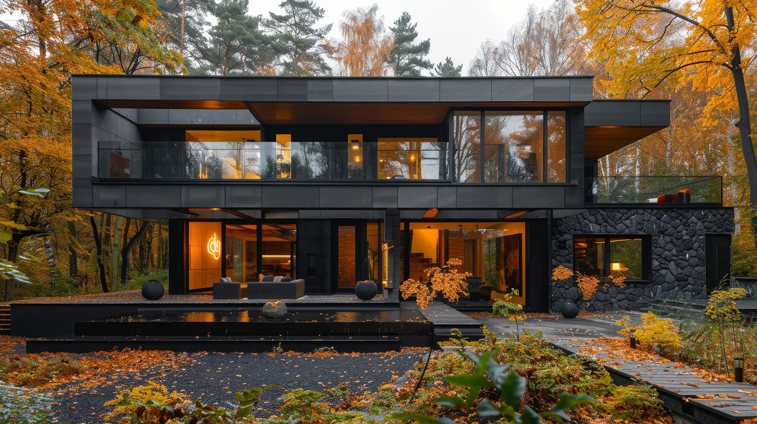 Maison contemporaine aux grandes fenêtres entourée d’arbres en automne.