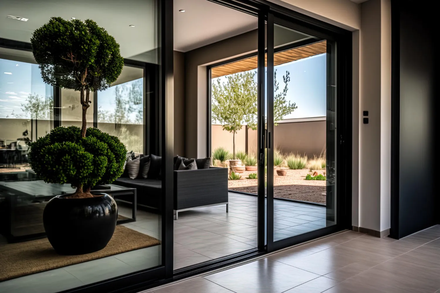 Porte-patio vitrée reliant un salon lumineux à une terrasse.