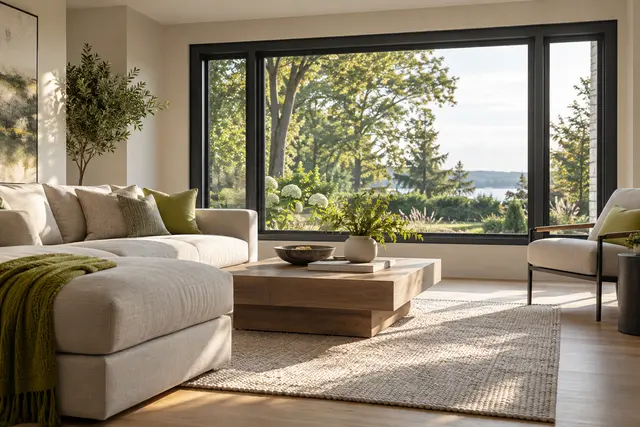 Salon lumineux avec grande fenêtre et vue sur le jardin
