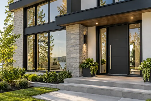 Maison contemporaine avec portes et fenêtres à cadres charcoal