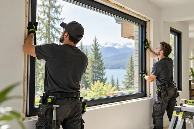 Illustration de deux professionnels installant une fenêtre